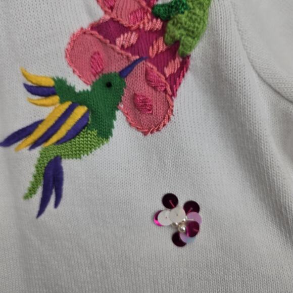 Quacker Factory Cardigan Sweater sz L White Multi Hummingbird Flowers Sequins - Picture 5 of 16